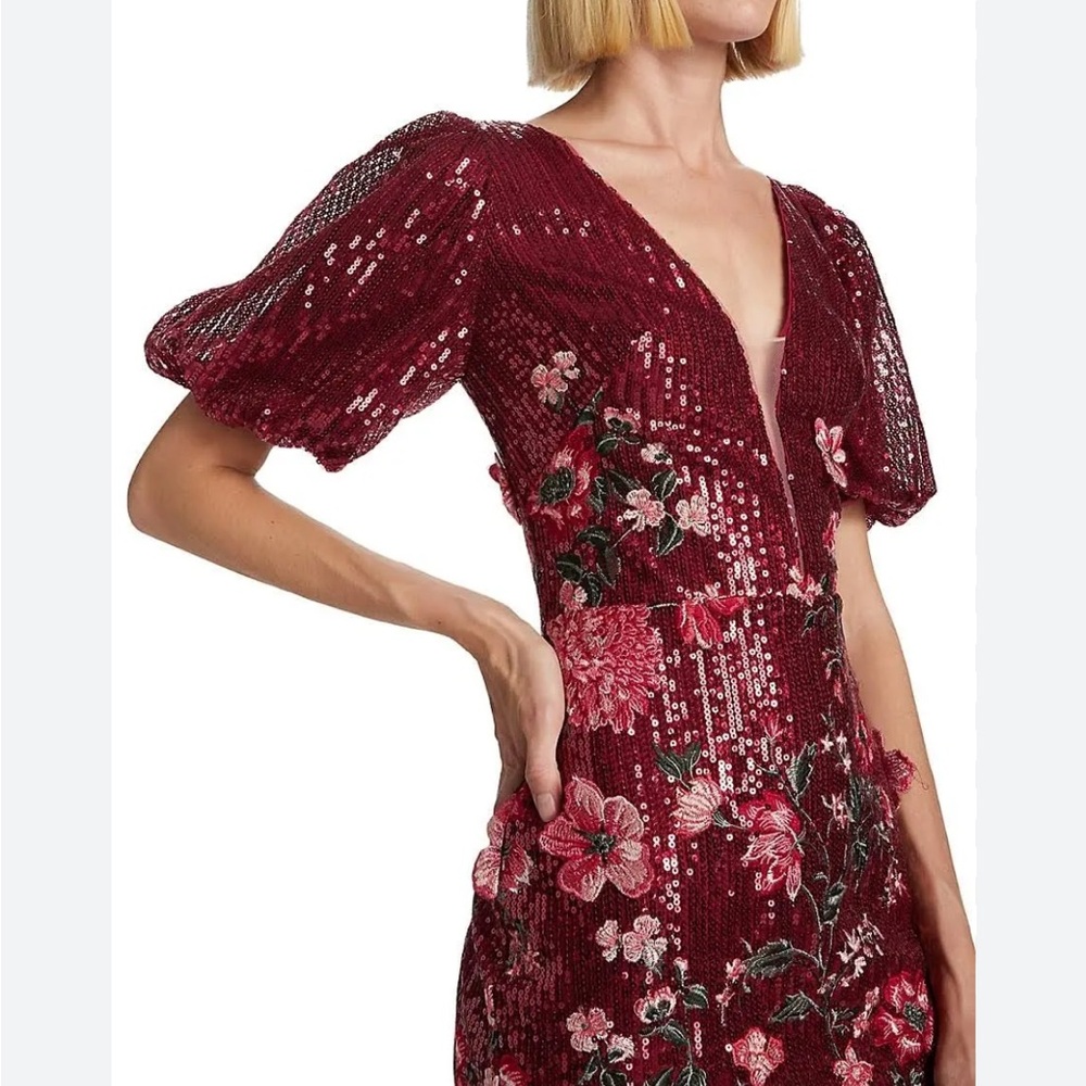 Marchesa Notte Burgundy Sequin Floral Embroidered Cocktail Mini Dress Size 4 NWT - Picture 6 of 16